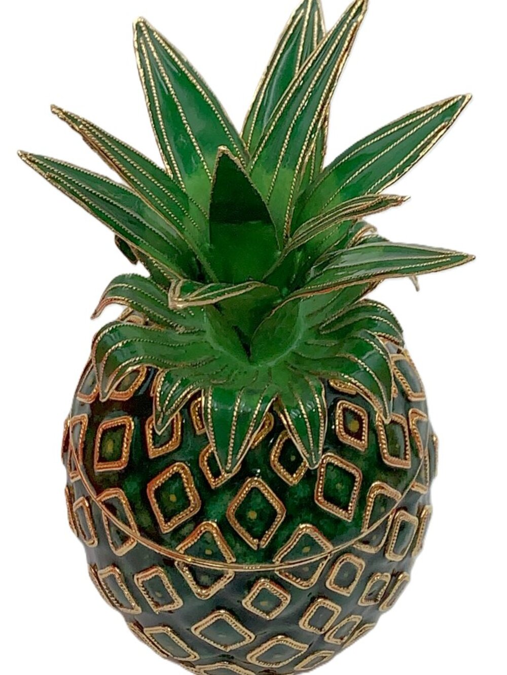 Large 7" PINEAPPLE Cloisonne Enamel Candy Trinket Box Jar Original Box Vintage - Picture 4 of 11